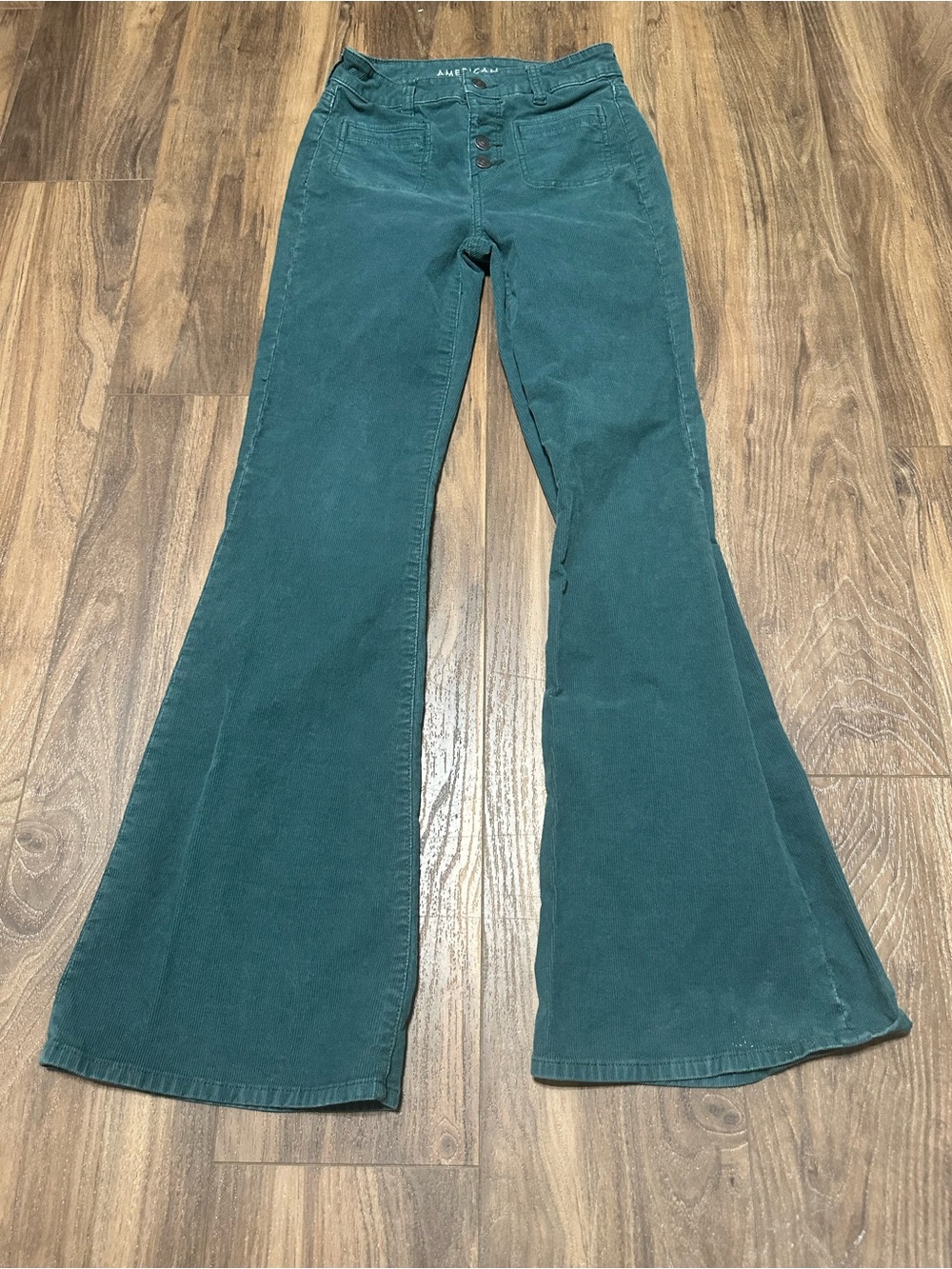American Eagle Super Hi-Rise Flare Corduroy Pants Green Button Fly Women’s 0